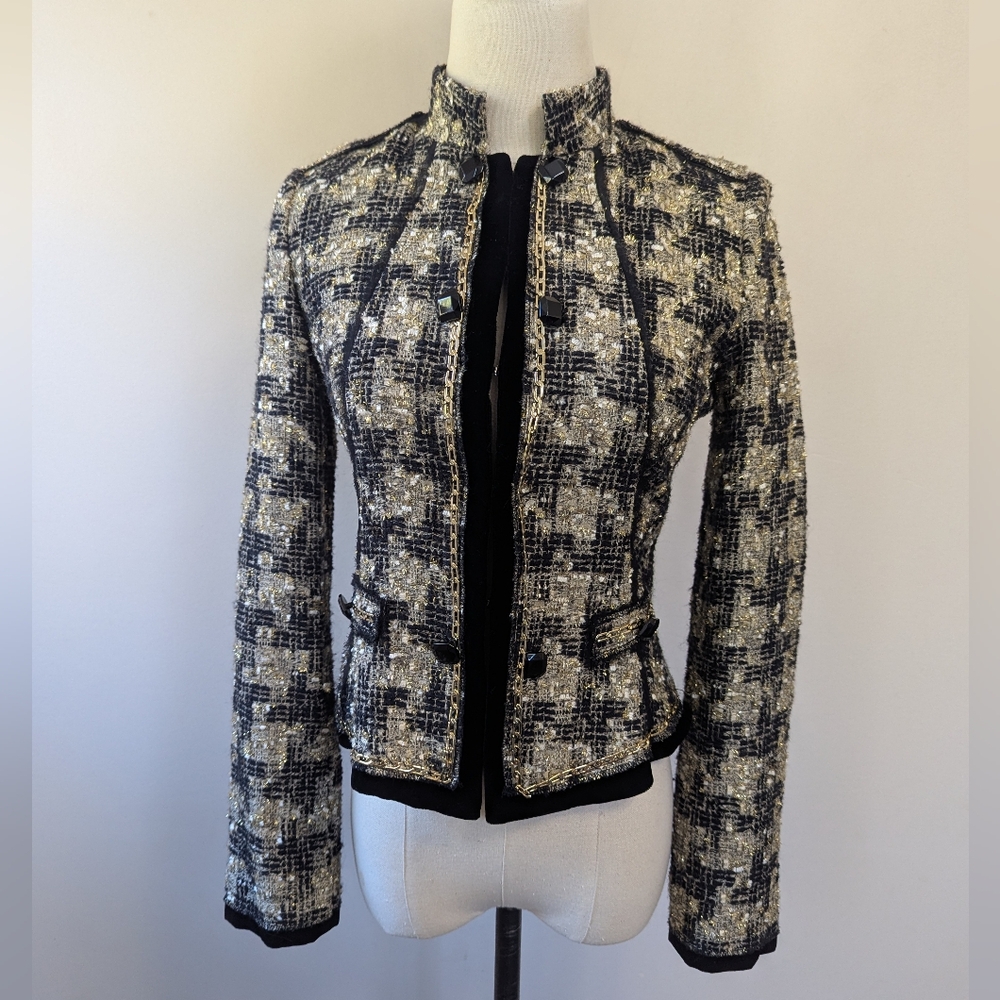 Solezia Metallic Gold Houndstooth Tweed Lady Jacket Chain‎ Jewel Blazer